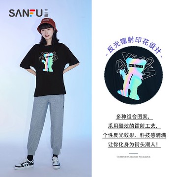 三福夏季女裝韓版寬松反光短T恤街潮上衣女439358