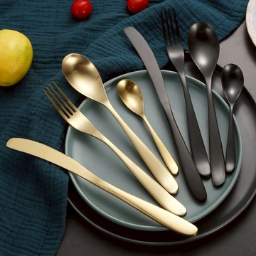 彎月Leon不銹鋼18-10西餐牛扒刀叉勺四件套拉絲黑金色餐具家用勺