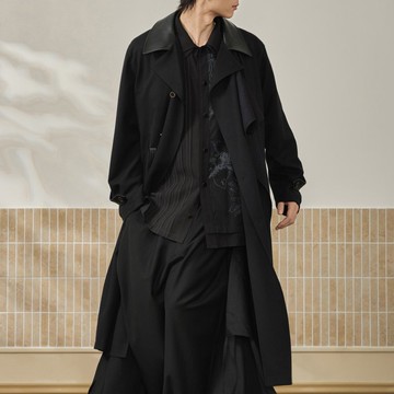 【晚宴】森系復古 小羊皮拼接飛片造型腰帶大衣/長款翻領風衣外套