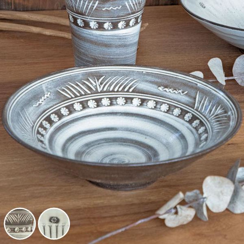 作家　陶芸作家　設計図みたいな柄　盛り鉢　サラダ鉢　深皿　7号鉢　刻印あり 作家 陶芸作家 設計図みたいな柄 盛り鉢 サラダ鉢 深皿 7号鉢 刻印あり