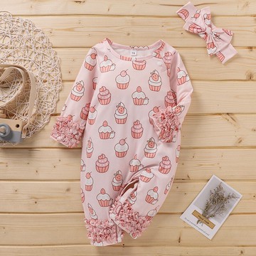 春秋18個月廣東省新款連體哈衣圓領長袖蛋糕印花歐美范外貿款清貨