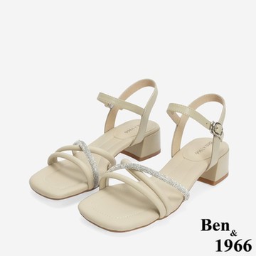 Ben&1966柔軟羊皮閃亮鑽條優雅低跟涼鞋-杏(246561)