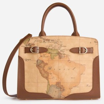 Alviero Martini 義大利地圖包 皮革釦環裝飾 手提側揹包30cm-地圖黃x咖啡色