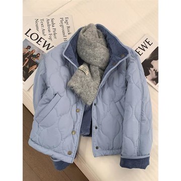 設計感正反兩穿燈芯絨保暖棉服女冬季韓版寬松小個子藍色短款外套