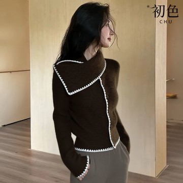 初色 法式復古撞色圍巾領長袖保暖修身短款針織開衫上衣女上衣-咖啡色-17470(F可選)