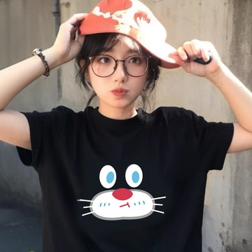 S~XL 撇嘴貓咪頭 純棉 短T 情侶T【Y1364】台灣製造 情侶裝 短袖T恤 班服 男女可穿 快速出貨不用等