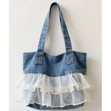【台灣現貨】浪漫蕾絲牛仔布包 托特包 牛仔布包 肩背包 牛仔花邊荷葉 單肩包 甜美 蕾絲 牛仔 托特包 肩背包