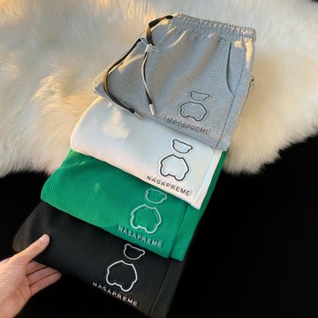 華夫格衛褲男春秋潮牌寬松束腳運動褲小熊反光鋼印休閑褲男士褲子