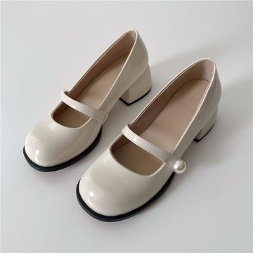 大瓶 巨巨好看~！乖巧小圓頭珍珠一字帶真皮粗跟單鞋仙女瑪麗珍鞋