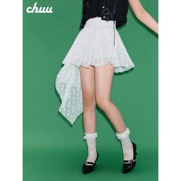 CHUU蕾絲百褶半身裙女2025秋季新品洋氣減齡百搭設計感不對稱短裙