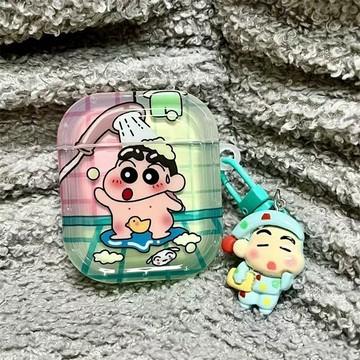 格紋洗澡小新卡通耳機保護殼 全包防摔軟殼 適用 AirPods4 代、2Pro、二三代蘋果藍牙耳機套
