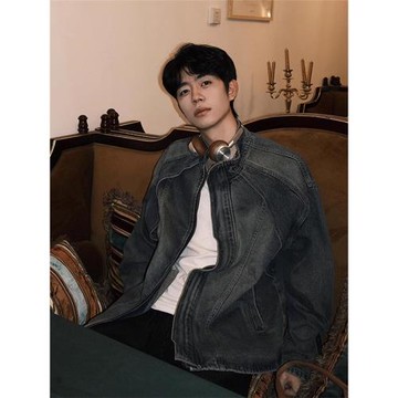 復古藍短款牛仔外套男春秋解構重工水洗牛仔衣高級感立領工裝夾克