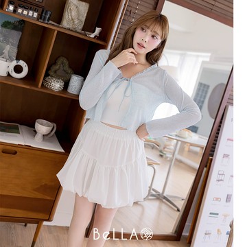 【夏季新品】BeLLA 細閃捲邊綁帶外套 藍色