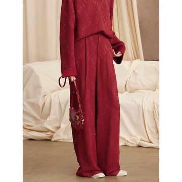 如意連云春秋款浮雕肌理提花休閑褲女松緊腰復古新中式國風闊腿褲