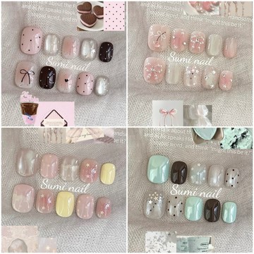『新款預熱🌸韓系波點小清新豆豆甲』ins風半手工穿戴甲 手繪美甲蝴蝶結貓眼美甲貼片 法式顯白氛圍感指甲貼片 可拆卸假指甲