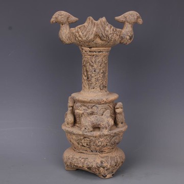 西晉越窯浮雕刻雙鳳紋燭臺油燈仿古出土老貨瓷器家居擺件古玩收藏1入