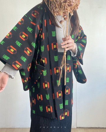 日本製和風印花黑色古著羽織和服外套