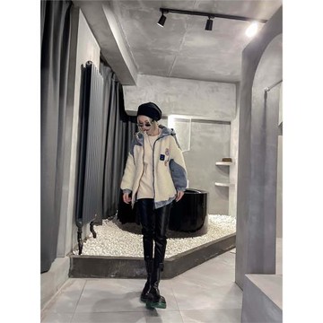 外套女短款棉衣拼接牛仔連帽外套