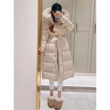 韓版長款羽絨服女2024冬季新款連帽系帶加厚過膝狐貍毛領收腰外套