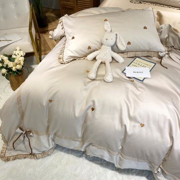 60支純棉四件套100全棉可愛少女心公主風愛心刺繡蝴蝶結床上用品4