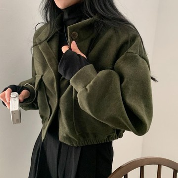 秋冬外套 厚外套 韓系外套 潮 立領外套 毛呢外套 小個子外套 短版外套 小個子上衣 小眾寬鬆慵懶休閒外套 百搭外套