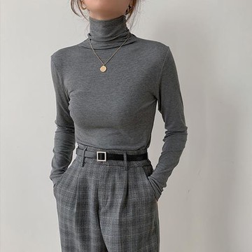 秋冬緊身疊穿螺紋堆堆領長袖T恤女修身磨毛加薄絨上衣高領打底衫