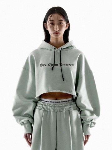 SIX COLON NINETEEN RAW EDGE CROP HOODIE [SAGE]