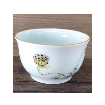景德鎮陶瓷青釉手繪釉上彩荷花茶杯家用中式主人杯100ml新年禮物
