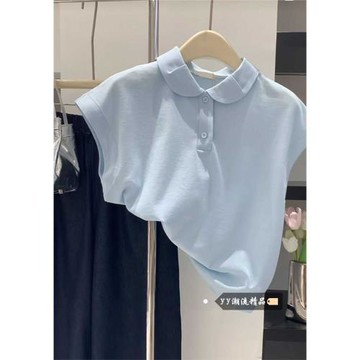 淺藍色T恤女韓系polo領飛飛袖顯白小衫2025年秋季設計感小眾上衣