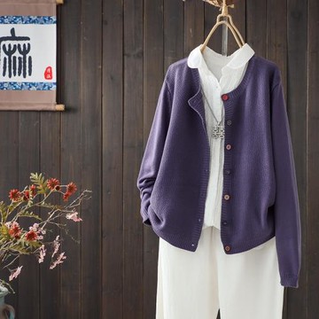 彩色紐扣棉線針織外套女寬松顯瘦春秋裝文藝休閑百搭外搭毛衣開衫