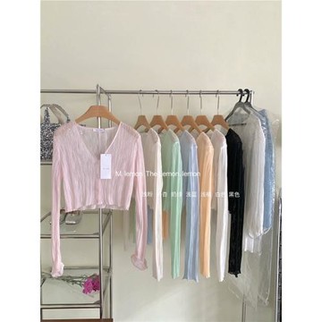 THE LEMON糖果色系冰絲竹節V領長袖針織防曬衫女春夏披肩短款罩衫