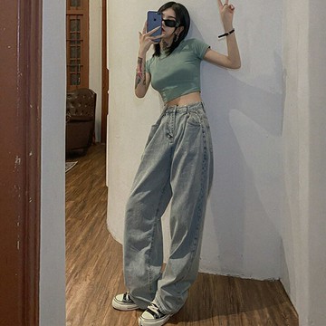 春夏復古chic港味牛仔褲高腰顯瘦女高街ins潮寬松直筒顯瘦拖地褲