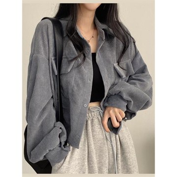 燈芯絨襯衫女外套上衣復古黑色磨毛設計感春裝法式女士短款襯衣新