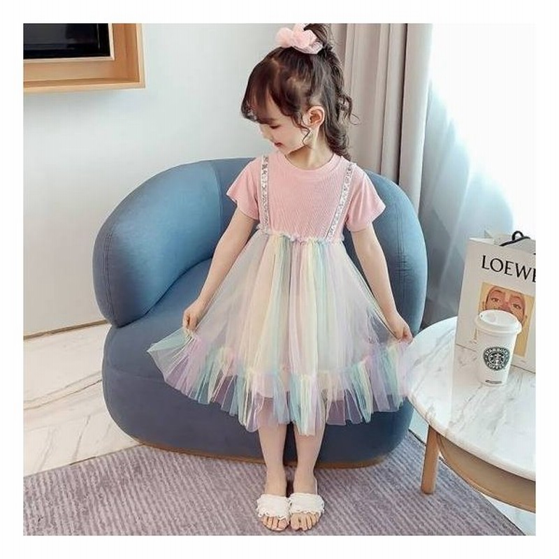 子供服 女の子 キッズ Tシャツ ワンピース ふわふわ チュール スカート 切り替え カジュアル ラウンドネック フリル 姫系 華やか 夏 結婚式 春夏 通販 Lineポイント最大get Lineショッピング