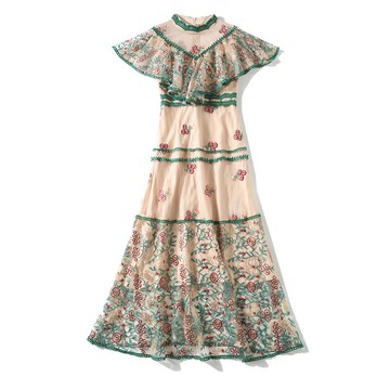 現貨+預購 洋裝短袖連身裙-刺繡網紗拼接荷葉邊女裙子74ae36【獨家進口】【米蘭精品】