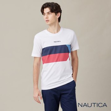 Nautica 男裝  撞色拼接幾何短袖T恤-白色
