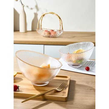 包郵 北歐ins風半月玻璃碗家用民宿水果蔬菜沙拉碗餐具描金甜品碗