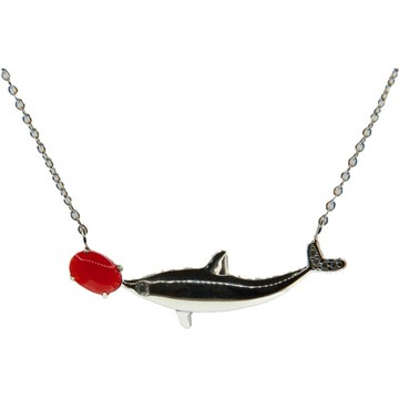 璀麗珠寶 日本赤血紅珊瑚蛋面海豚項鍊 墜子 925純銀