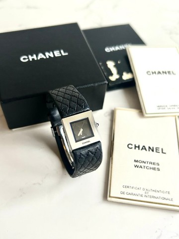 大全套 稀有中古錶 Chanel Metalaase黑銀色古董錶 女裝皮革手錶