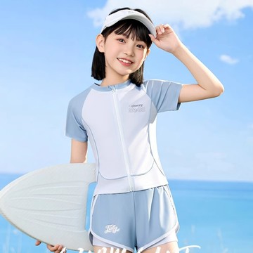 比基尼妮.泳衣貝塔短袖拉鍊二件式短褲大童泳裝(3-5L)