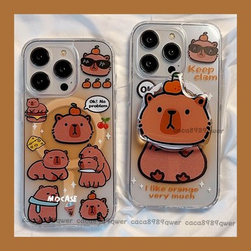 日韓 卡通 可愛水豚 iPhone 15 14 13 12 11 Pro Max 蘋果手機殼 i16 磁吸支架 硬殼防摔