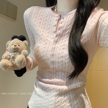 韓系粉色半開v領麻花長袖針織打底衫女冬季內搭緊身軟糯毛衣上衣