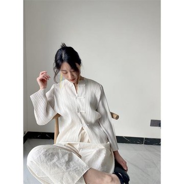 BLUE Y 國風多色新中式盤扣圓領褶皺開衫九分袖內搭氣質通勤襯衫