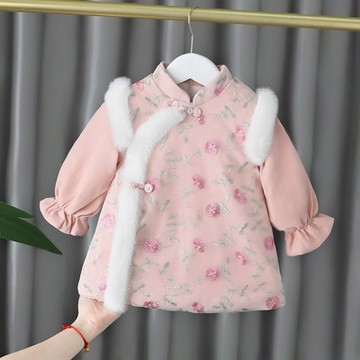 花草刺繡毛邊長版上衣 洋裝 中國風 旗袍裝 過年 唐裝 新年 新衣 拜年服 女童 兒童 童裝 橘魔法 現貨【BB8997】