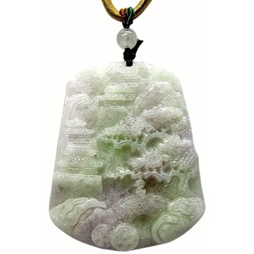 春彩紫綠山水牌 天然A貨翡翠墜鍊玉墜子項鍊H06