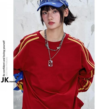 【JK極客】十月新品✨ 長袖大學T 假兩件設計 側邊條紋 寬鬆圓領 男女情侶款 大尺碼 春秋上衣