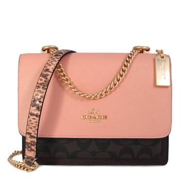 COACH KLARE 金馬車Logo咖啡X貝殼粉色鵝掀蓋滑鍊風琴斜背/兩用包