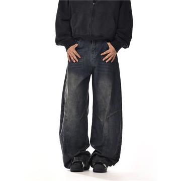 美式復古水洗彎刀牛仔褲男女痞帥炸街設計感寬松休閑直筒闊腿褲子