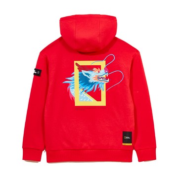 男女同款 龍年限定主題印花帽T - 紅色