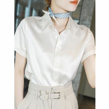 醋酸緞面白色短袖襯衫女2025春夏季新款高級感OL職業通勤真絲襯衣